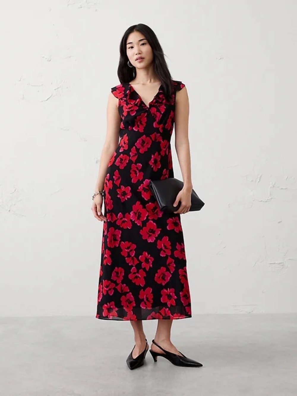 Banana Republic Black Midi Dress with Red Floral Print